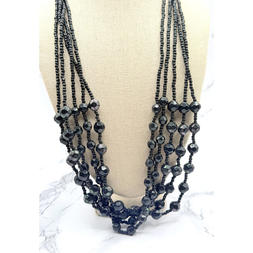 Black Glass Five Strand Statement Necklace Gunmetal Gray Beaded Bib